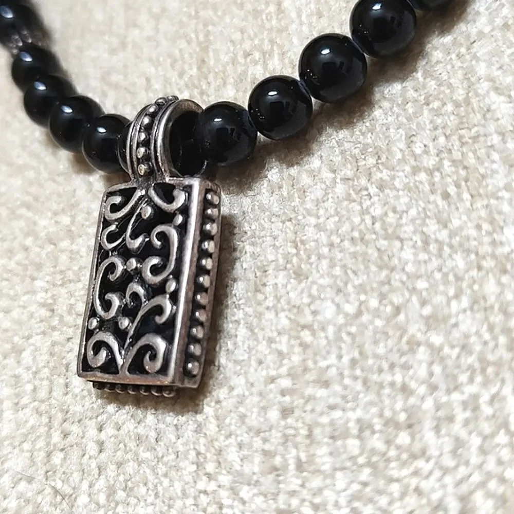 Black Bead and Silver Scroll Pendant Necklace 16